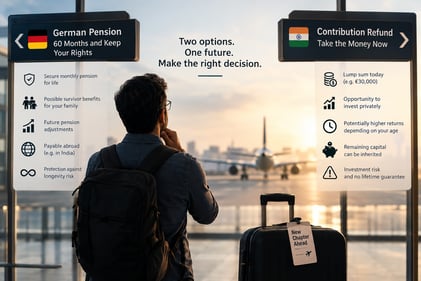 Alt-Tag: Indian expat leaving Germany comparing 60 months of German pension contributions with a pension contribution refund and private investment.