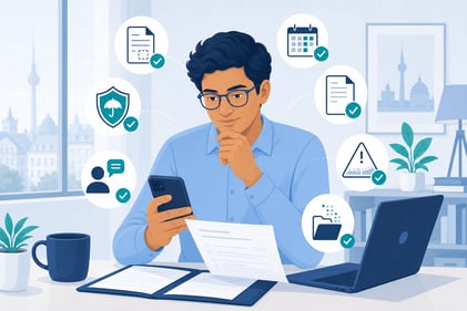 Indian professional in Germany comparing insurance policies, reviewing documents, and managing insurance coverage with expert guidance from NEOdirect.