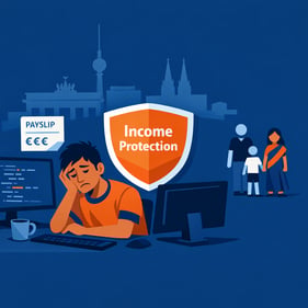 Indian IT professional in Germany facing burnout at his desk, with an income protection shield symbolising salary protection.