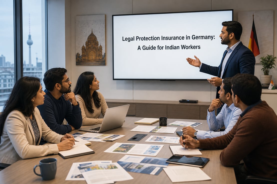 The image depicts a professional setting with a diverse group of individuals gathered around a table, engaged in a serious discussion. Papers and digital devices are spread out before them, showcasing documents related to legal protection insurance. A large screen in the background displays infographics highlighting key points about legal insurance in Germany, specifically tailored for Indian expats. The room is well-lit, with a modern aesthetic, featuring glass walls and a view of a bustling cityscape outside. One person, of Indian descent, is pointing at the screen, while others, including a German consultant, listen attentively.