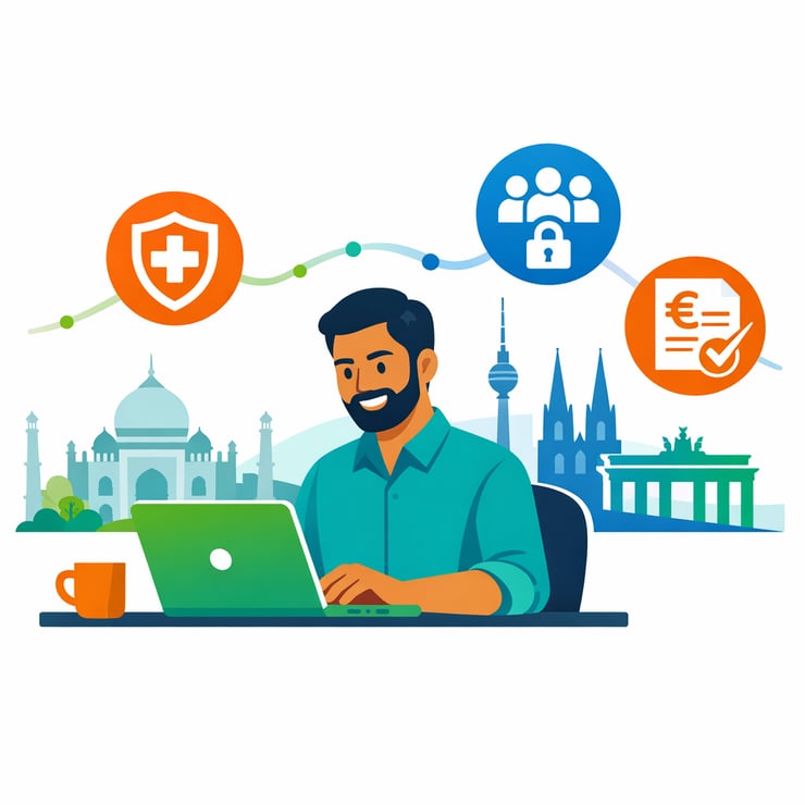 Indian professional in Germany with digital icons representing private health insurance advice.