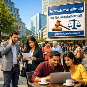 People in Frankfurt talking together about legal insurance