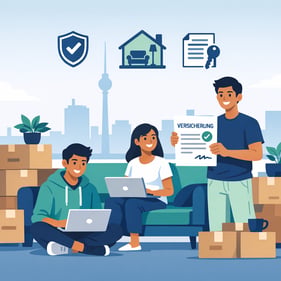 Indian expat couple moving into their first rental flat in Germany with boxes and icons for liability and household contents insurance