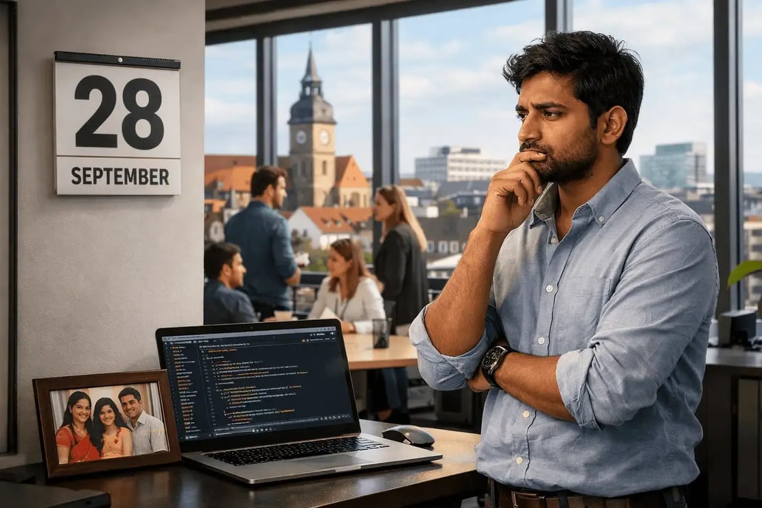 Ein ruhiger, sachlicher Alt-Text, der auch SEO-technisch sinnvoll ist: **Alt-Tag:** Indian IT professional in a modern German office looking stressed while working on code, with family photo and city view in background