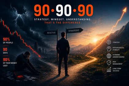 “Cinematic finance-themed illustration showing the contrast between financial failure and long-term success. On the left side, a dark stormy market crash scene with a declining stock chart and a stressed trader symbolizes emotional trading and financial losses. On the right side, a bright sunrise landscape with a rising chart represents strategic investing, psychological stability, economic understanding, and long-term wealth building. In the center, a person stands at a crossroads between reactive decisions and strategic financial thinking. The image features bold ‘90•90•90’ typography in orange and white with a premium dark blue and orange financial brand aesthetic.”