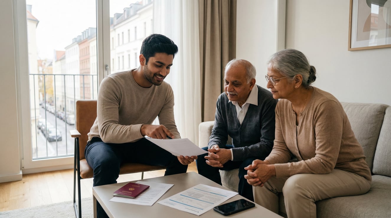Parents and Son checking the health insurance tariffs für travel to Germany