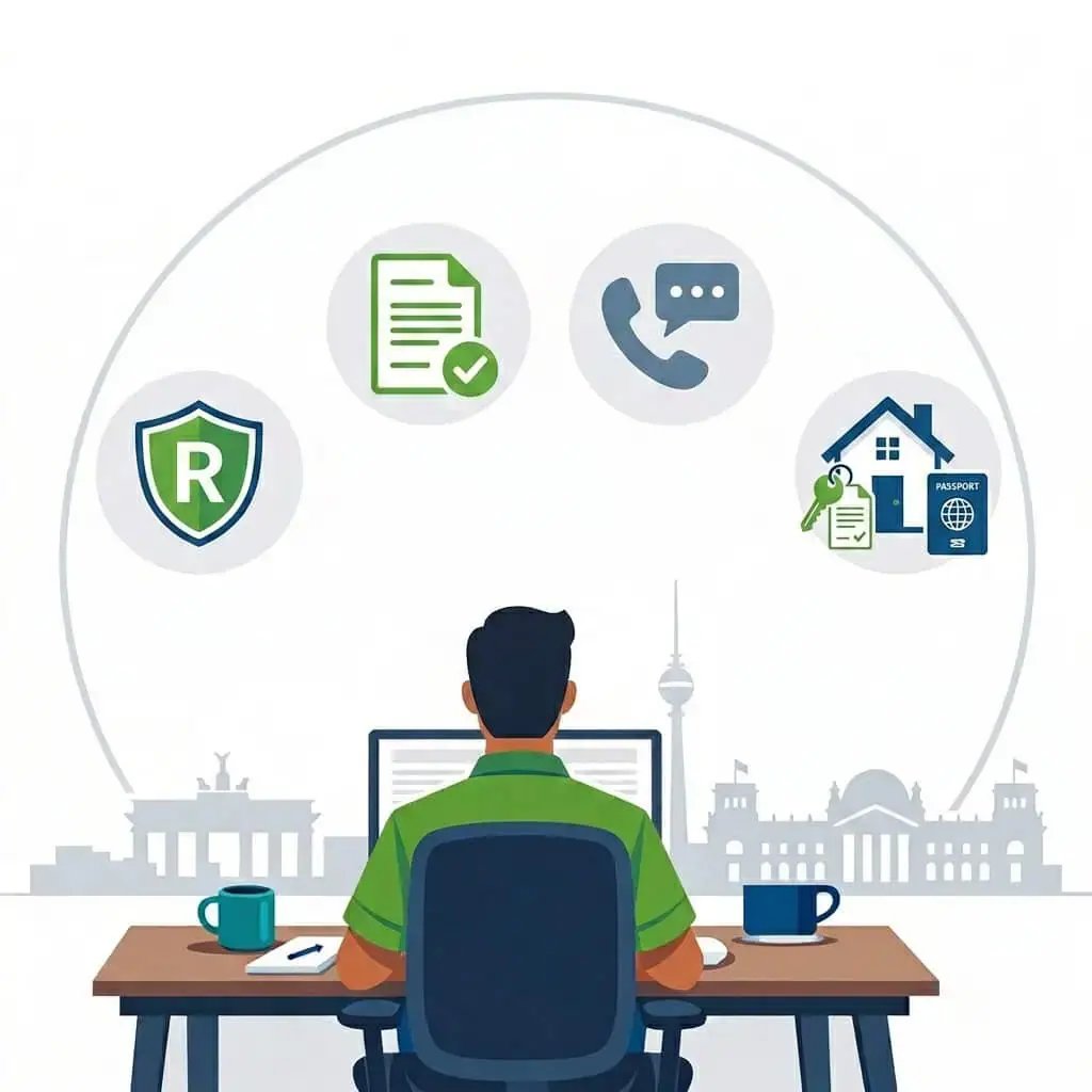 Illustration of legal insurance for expats in Germany with a person at a desk, legal support icons, and a clean flat design.