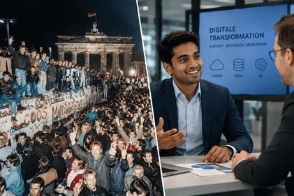 Historischer Mauerfall 1989 mit feiernden Menschen auf der Berliner Mauer links und moderner indischer IT Berater im Gespräch mit einem Consultant rechts als Symbol für gesellschaftlichen Wandel und Wiederholung wirtschaftlicher Strukturen“