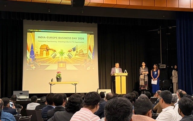 Audience attending India Europe Business Day 2026 conference while speakers present on stage about EU India business opportunities.