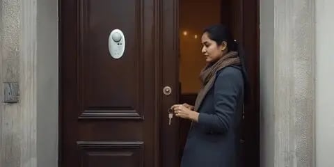 Lost Apartment Keys in Munich_Priyaa, a young Indian mother, lost her keys while shopping with her female kids. She stands in front of the apartment door and cant find them.
