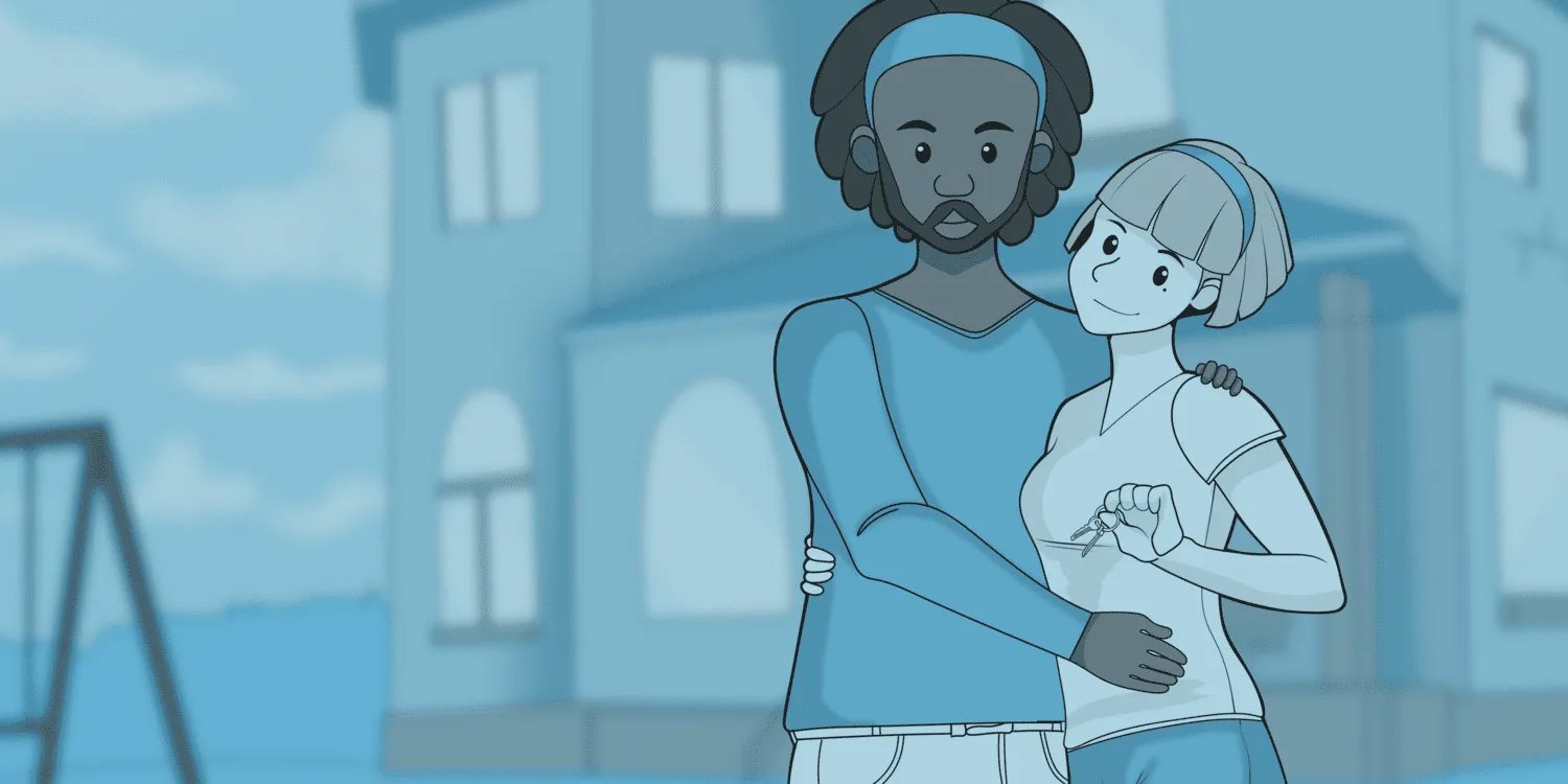 A young couple stands happily in front of their newly built house and has the best homeowners insurance.