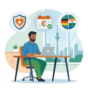 Flat minimalist illustration in Neodirect colours of an Indian IT professional in a German apartment working on a laptop, with icons for disability insurance, monthly pension in euros and a Germany–India globe symbolising cross-border income protection.