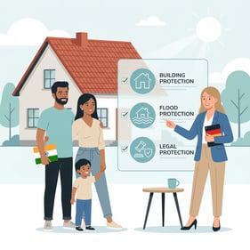 Indian expat family in Germany standing with an insurance advisor in front of their new house discussing home insurance options.