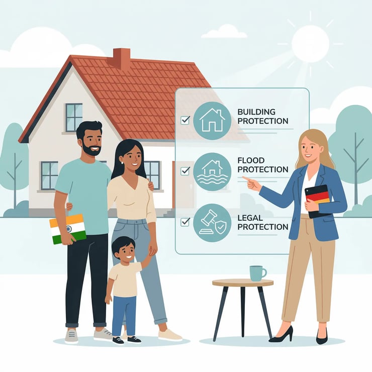 Indian expat family in Germany standing with an insurance advisor in front of their new house discussing home insurance options.