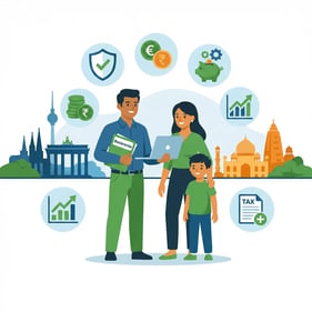 Indian tech professional family in Germany 2026 standing between German and Indian skylines with icons for Basisrente, tax benefits and long-term retirement savings”