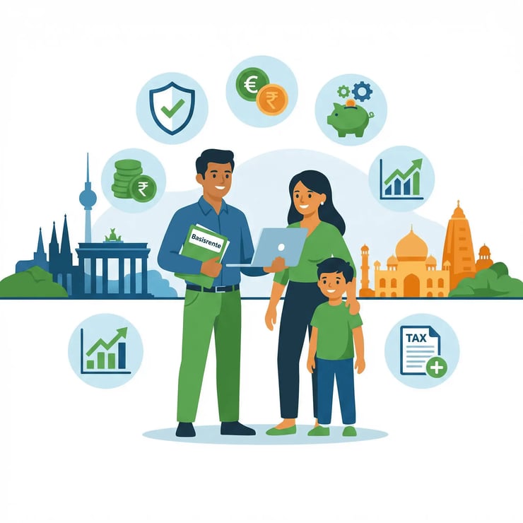Indian tech professional family in Germany 2026 standing between German and Indian skylines with icons for Basisrente, tax benefits and long-term retirement savings”