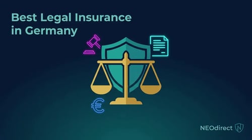 Best legal insurance in Germany for expats – modern NEOdirect illustration with justice scales, shield and legal protection icons