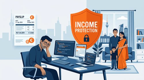 Flat minimalist illustration in NEOdirect colours showing an exhausted Indian IT professional in Germany at his desk, protected by an “Income Protection” shield between his euro payslip and his family.