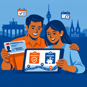 Indian expat couple celebrating German permanent residency with insurance and pension roadmap on tablet, Berlin skyline background