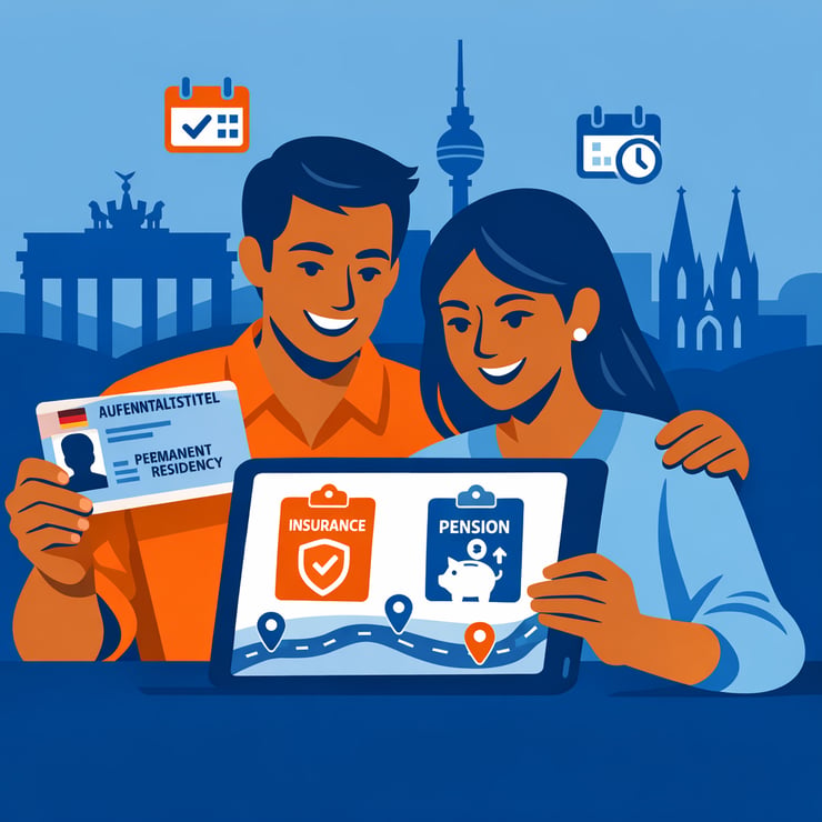 Indian expat couple celebrating German permanent residency with insurance and pension roadmap on tablet, Berlin skyline background