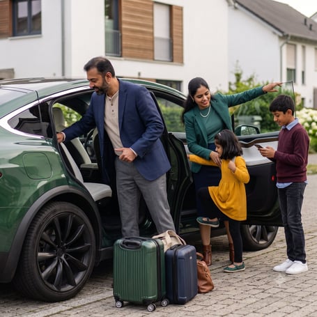 An Indian expat family standing next to their car outside their home in Germany