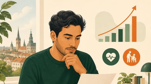 AI-generated illustration of a man reviewing an unmarked document beside health and care symbols and a rising-cost chart, with a German city in the background.