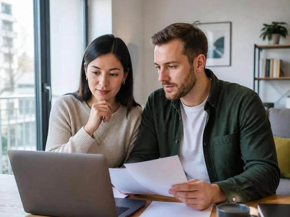 A couple reviewing health insurance documents together at a laptop.