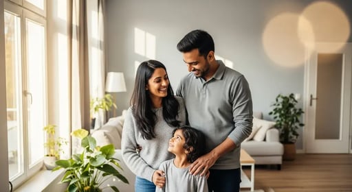Indian family relaxing safely at home in Germany, covered by liability insurance