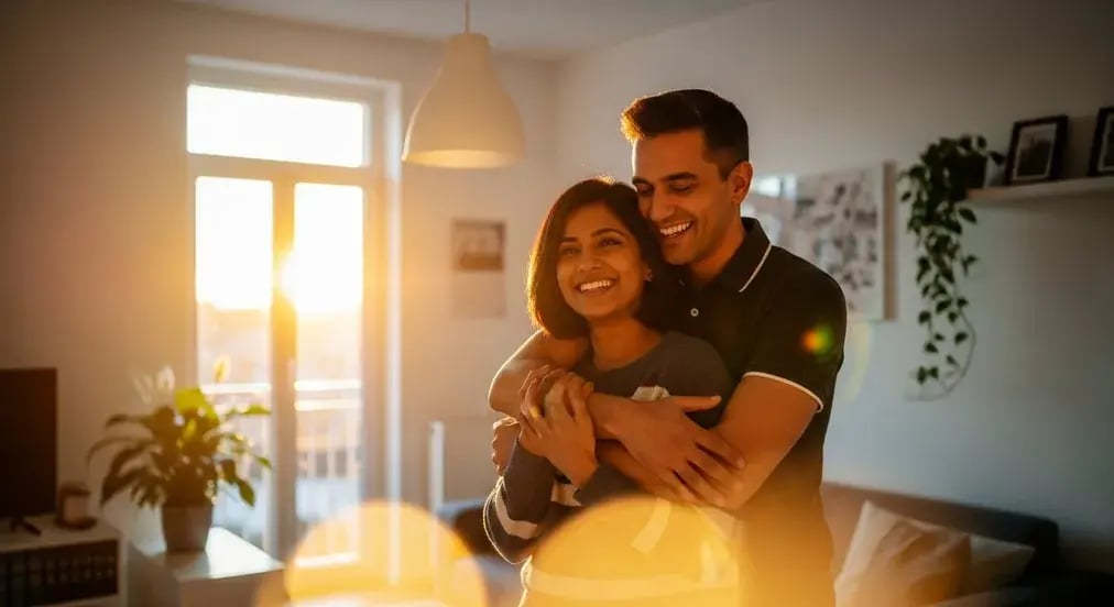 Smiling couple embracing in their sunlit apartment