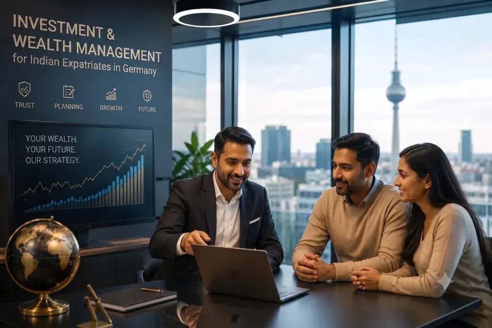 NEOdirect adviser walking an Indian expat couple through their investment strategy on a laptop, with the Berlin TV tower in the background