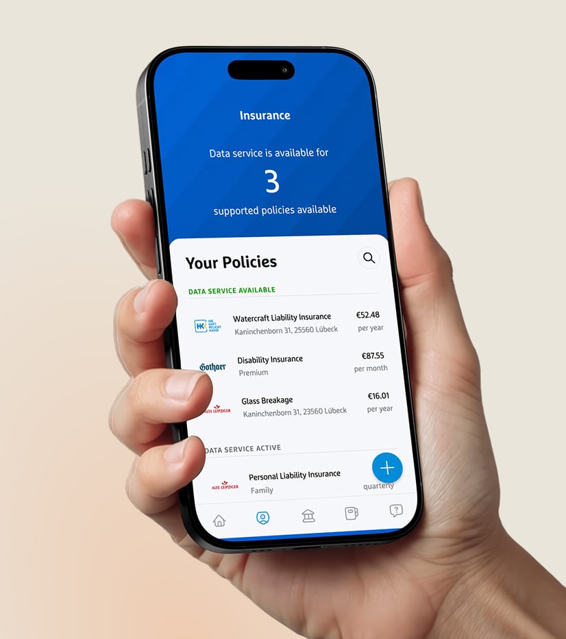 The Simplr app showing a list of German insurance policies in English.