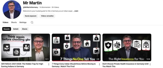 Screenshot of the Mr Martin YouTube channel launched in May 2026 to explain the German system in plain English