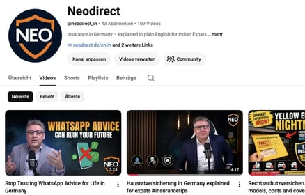 Screenshot of the NEOdirect YouTube channel, launched in May 2026 to explain the German system in plain English
