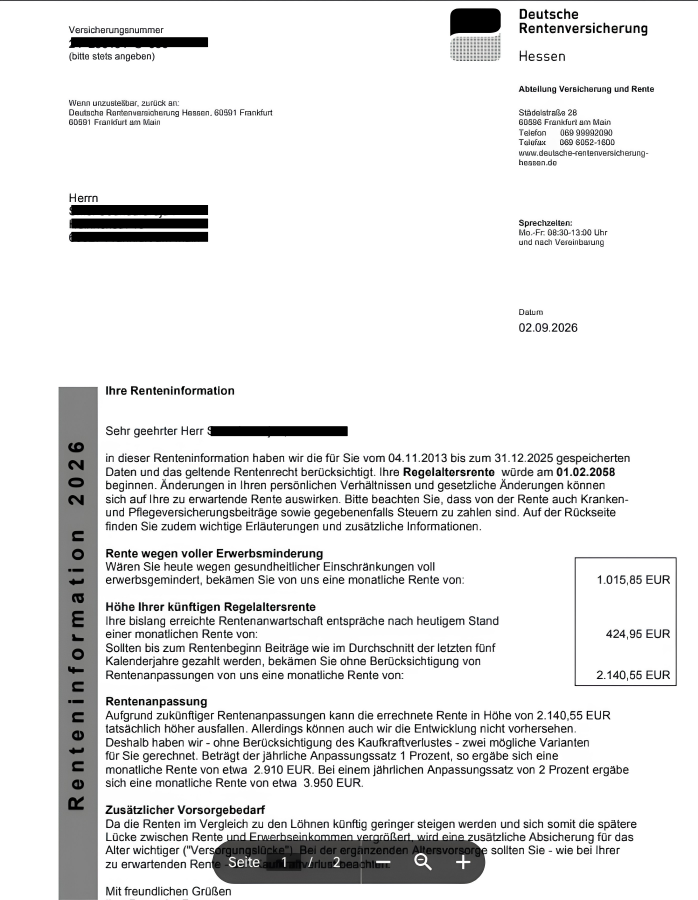 Renteninformation showing €424,95 per month already earned, €2.140,55 per month projected pension and €1.015,85 per month for full disability.