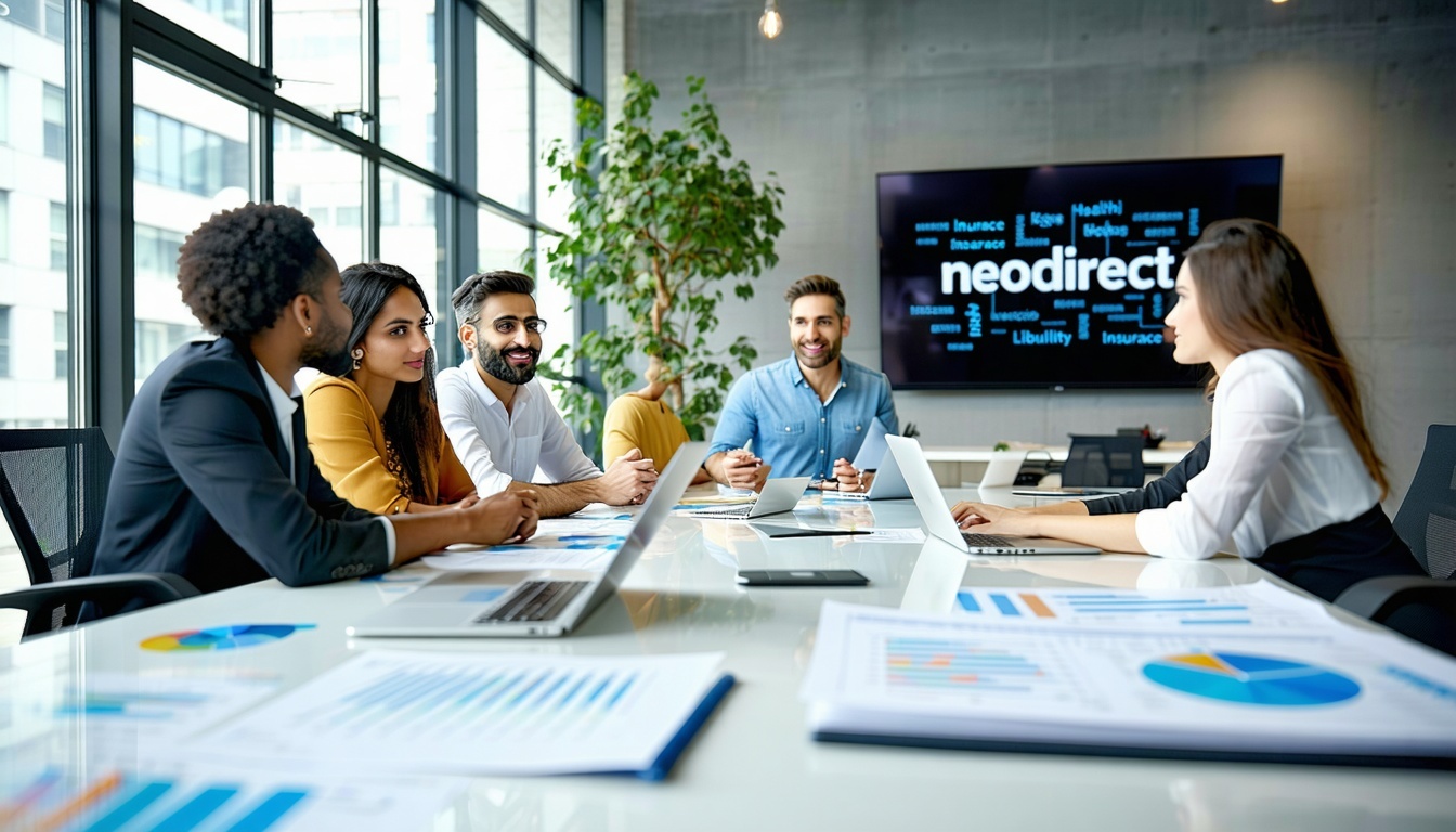 A modern office space with a sleek design is illuminated by natural light streaming through large windows In the foreground a diverse group of professionals including individuals of Indian descent are engaged in a discussion around a polished confere