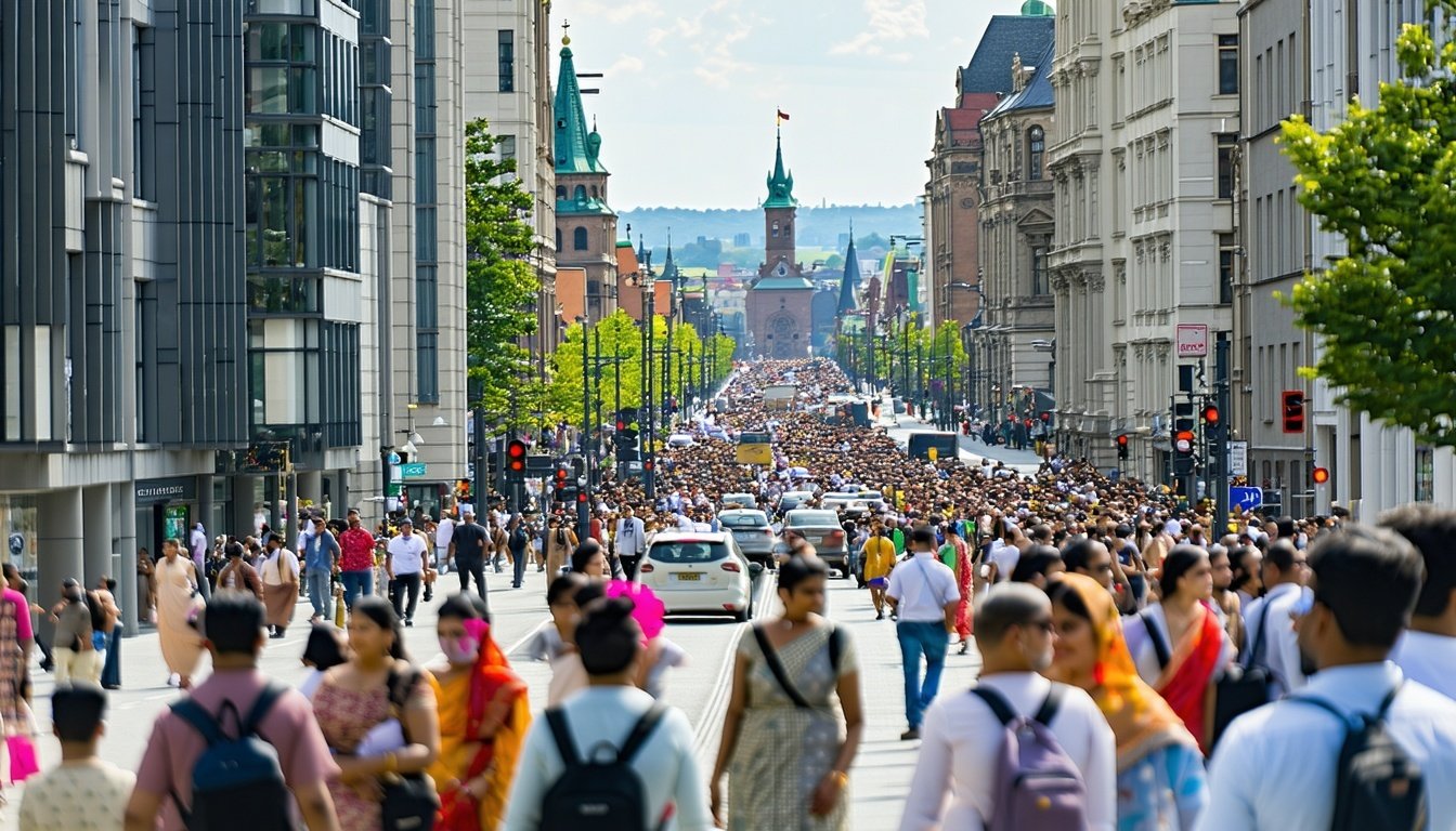 A bustling German cityscape with diverse professio