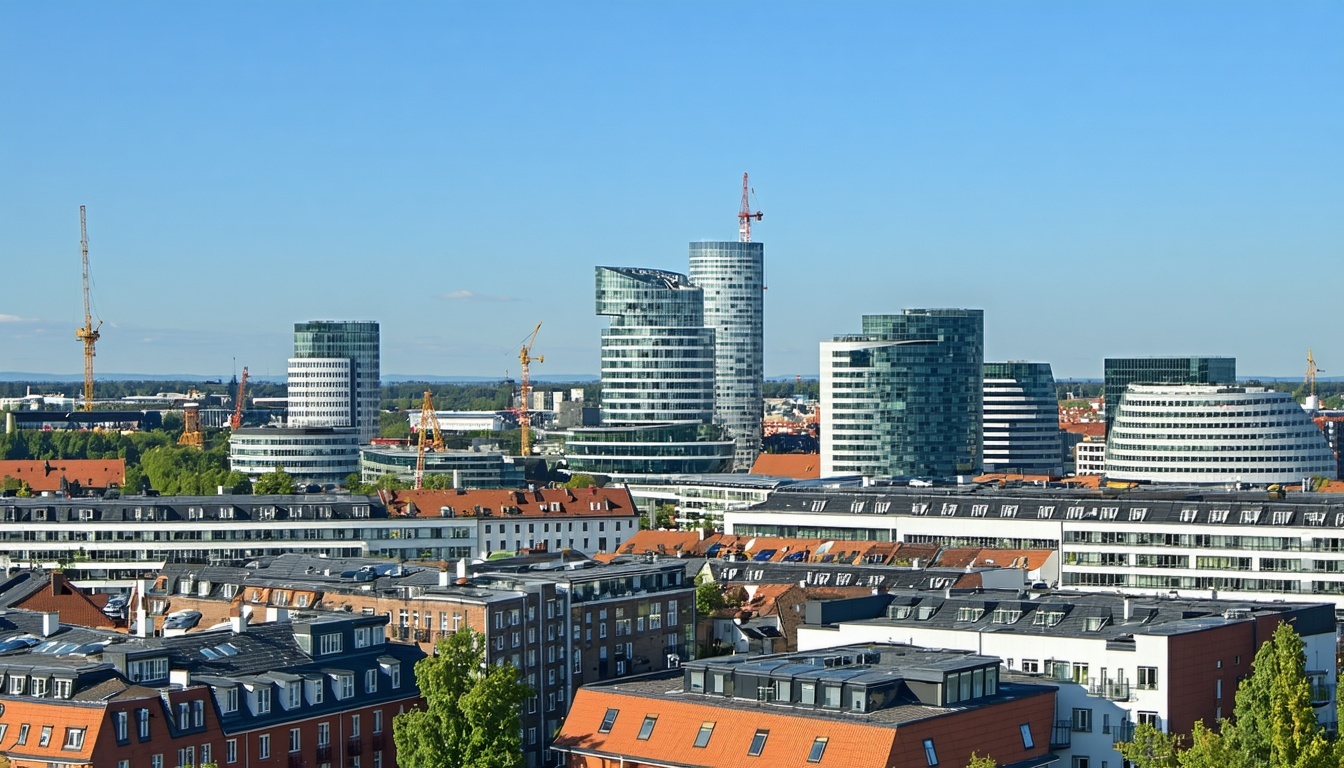 A modern German cityscape with iconic landmarks an