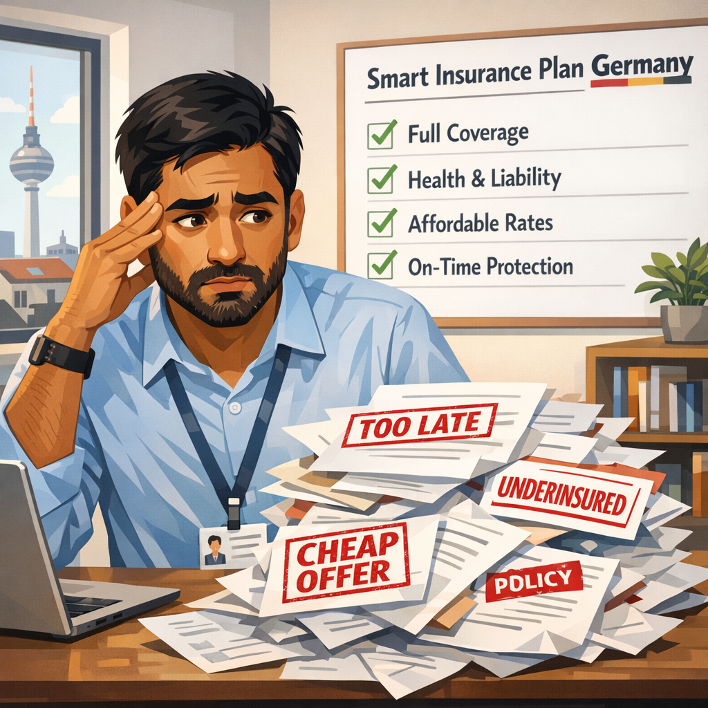Indischer IT-Professional in einer deutschen Wohnung schaut besorgt auf einen Stapel unübersichtlicher Versicherungsunterlagen mit Stempeln wie „too late“ und „underinsured“. Im Hintergrund hängt eine saubere Checkliste mit der Überschrift „Smart Insurance Plan Germany“ an der Wand.
