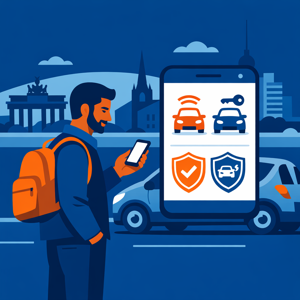 Indian expat in Germany standing next to a small car on a city street, looking at a smartphone showing car sharing and rental car app icons with small shield symbols for liability and damage protection, in NEOdirect brand colours.