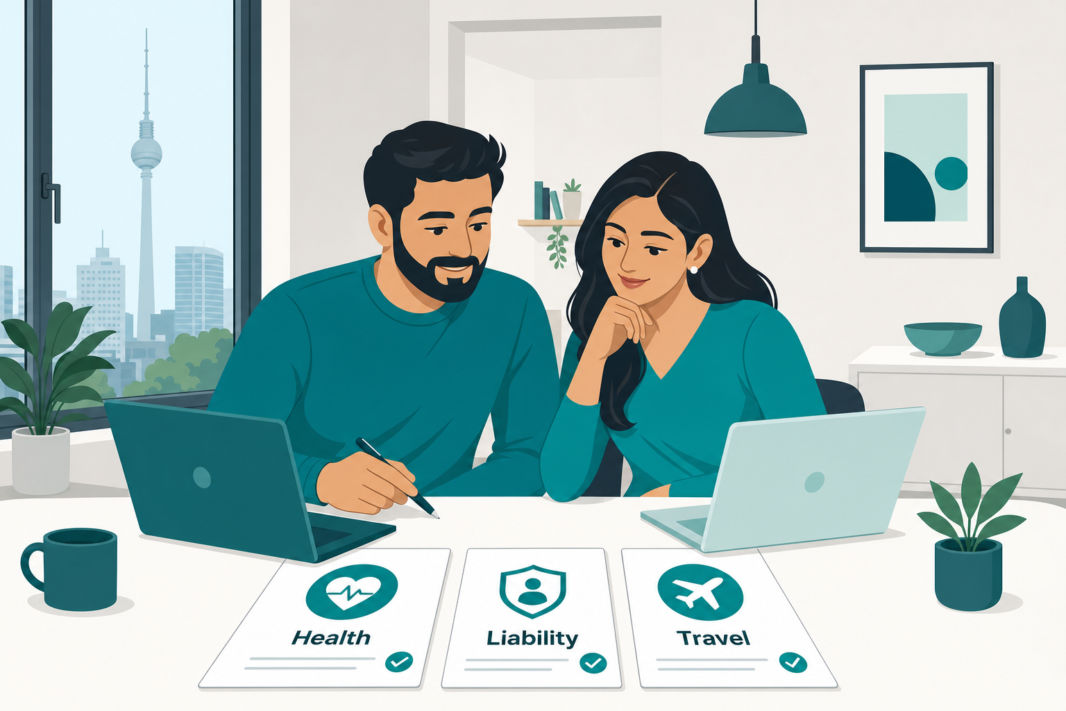 Flat minimalist illustration in Neodirect brand colours showing an Indian expat couple in a modern German city apartment, laptops and documents labelled Health, Liability and Travel Insurance on the table, calm professional 3:2 vector style.