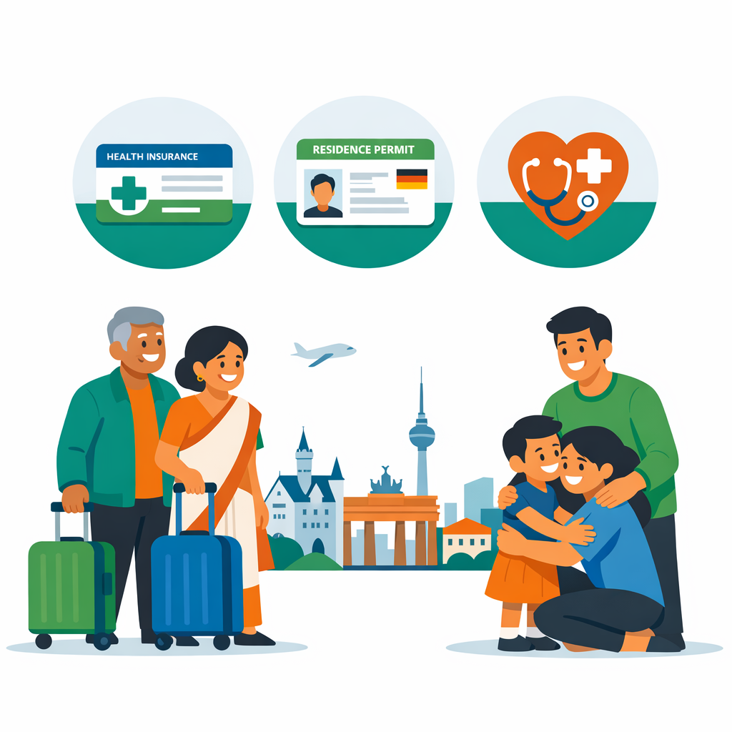 Flat minimalist illustration in Neodirect colours of an Indian middle-aged couple with small suitcases arriving in a German city, greeted by their adult child and grandchild, with icons for health insurance cards, residence permits and medical symbols above them.