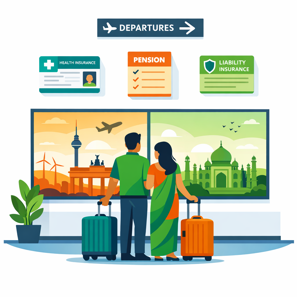 Flat minimalist illustration in Neodirect colours of an Indian IT professional couple at a German airport departure gate with suitcases, a split German and Indian skyline in the background, and icons for health insurance, pension document and liability cover above them.