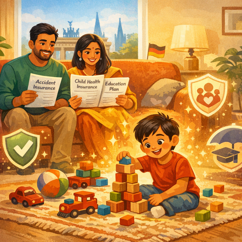 Indische Familie in einer deutschen Wohnung, das Kind spielt auf dem Wohnzimmerboden, die Eltern sitzen auf dem Sofa und prüfen Unterlagen zu Kinderkranken-, Unfall- und Haftpflichtversicherung