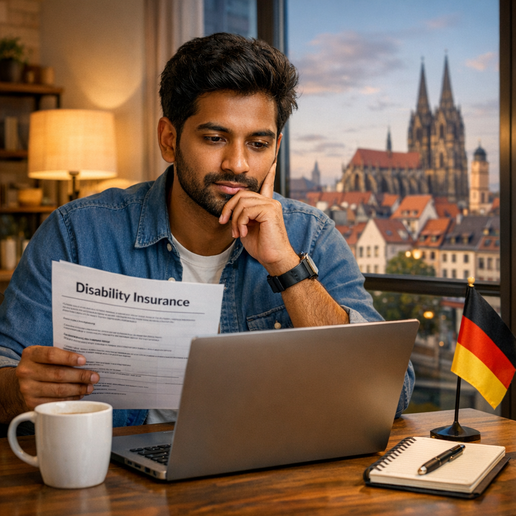 Junger indischer IT-Professional in Deutschland arbeitet am Laptop in seiner Wohnung und prüft Unterlagen zur Berufsunfähigkeitsversicherung