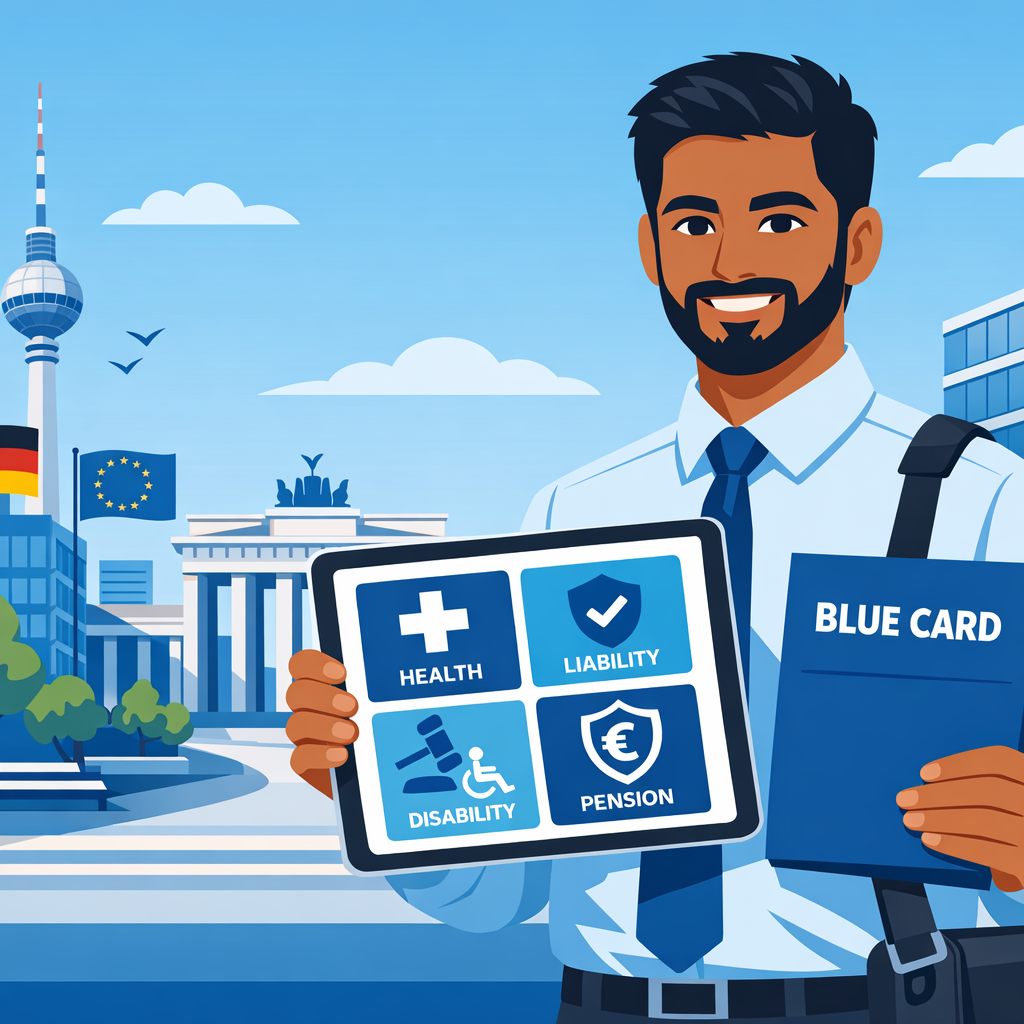 Indian IT professional with a Blue Card in a modern German office district, holding a folder labeled Blue Card and a tablet with icons for health, liability, legal, disability and retirement insurance