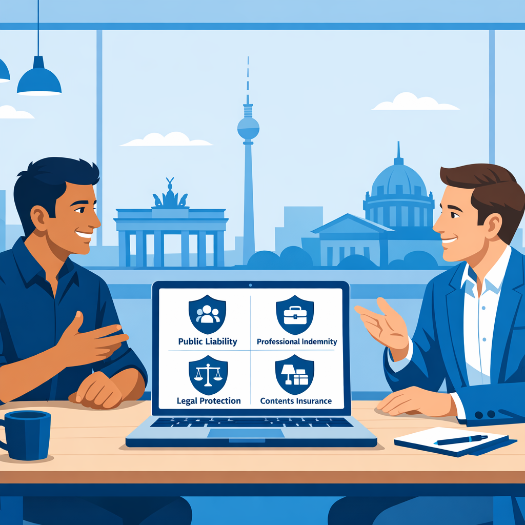 Indian entrepreneur in a modern German coworking space discussing insurance with an advisor, laptop screen showing icons for public liability, professional indemnity, legal protection and contents insurance, German city skyline outside the window