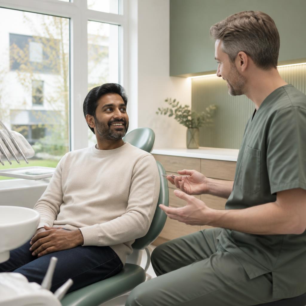 Patient speaking with a dentist in a bright dental practice