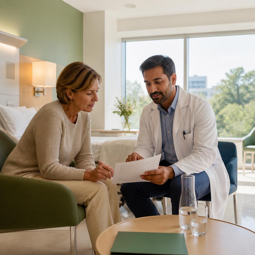 Doctor and patient reviewing a treatment plan in a modern hospital