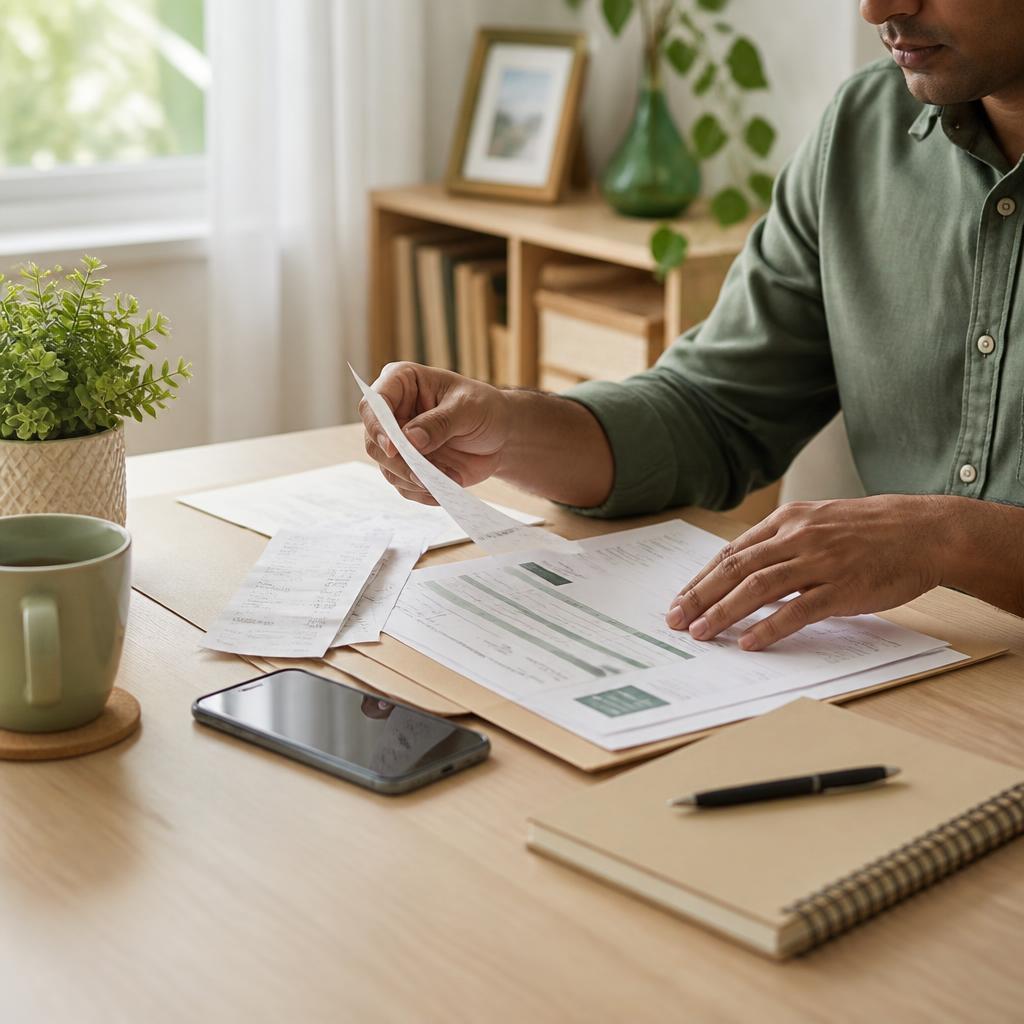 Hands organising medical invoices and reimbursement documents on a desk