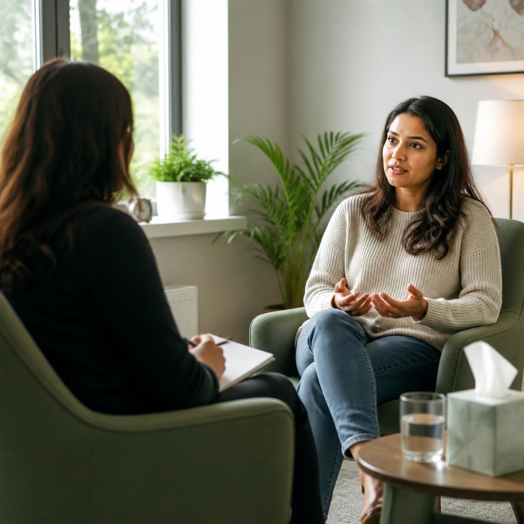 Respectful therapy conversation in a bright private room